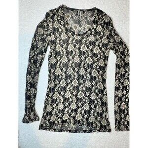 BKE Buckle Sheer Lace Long Sleeve Top Black Tan Floral Pattern Sz L